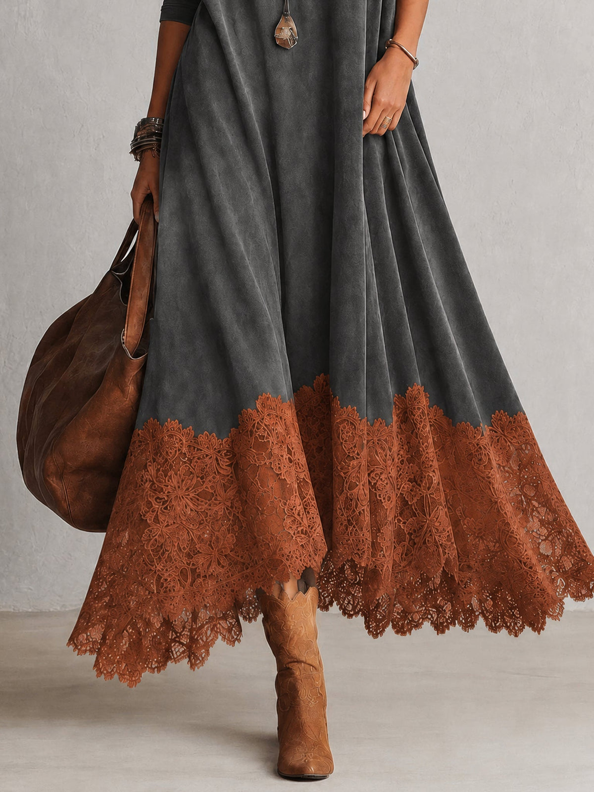 Milly | Vestido largo efecto ante con bajo de encaje