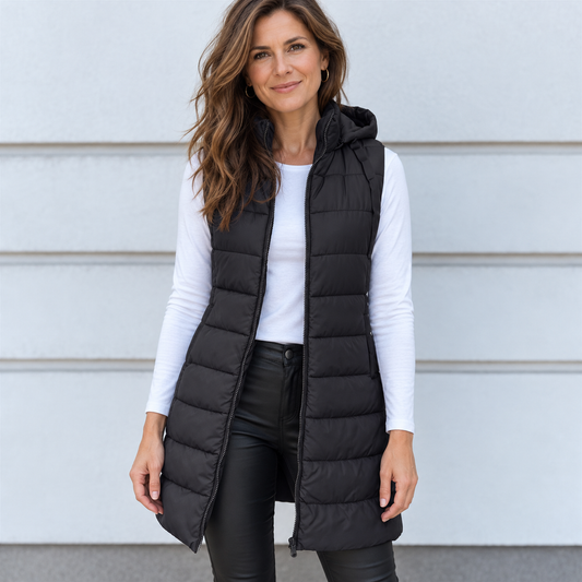 CHALECO LARGO ACOLCHADO CON CAPUCHA PARA MUJER