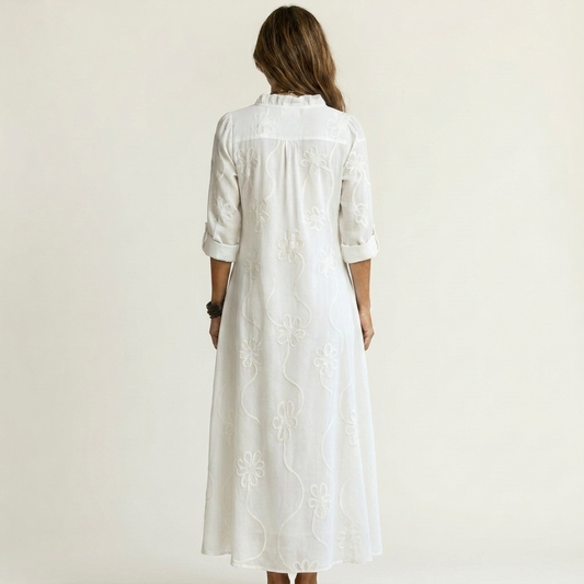 Vestido Maxi Bordado de Algodón-Lino