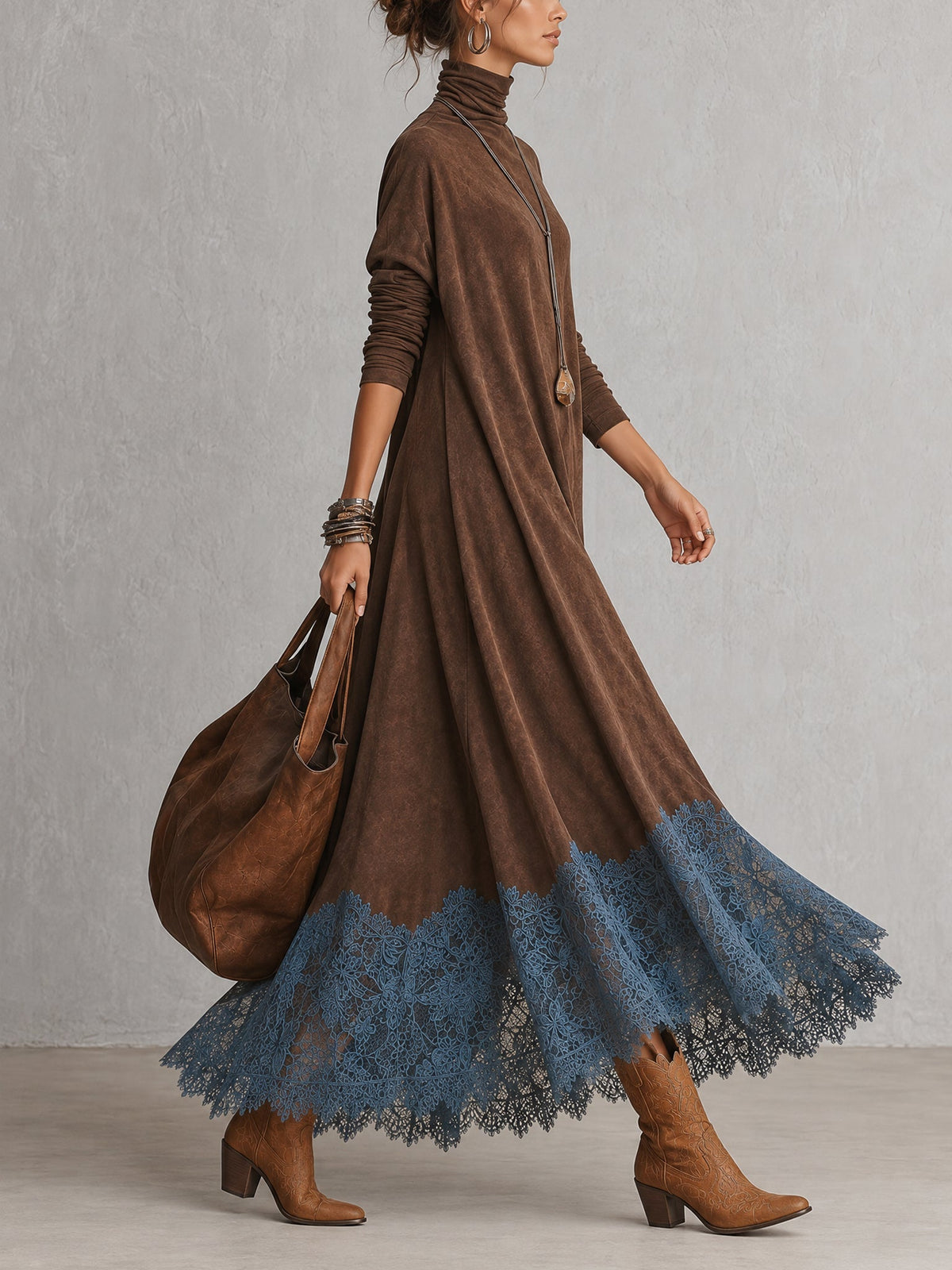 Milly | Vestido largo efecto ante con bajo de encaje
