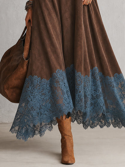 Milly | Vestido largo efecto ante con bajo de encaje