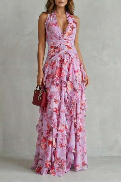 Belladina | Romántica Cascada de Rosas, Vestido Largo con Escote Americano