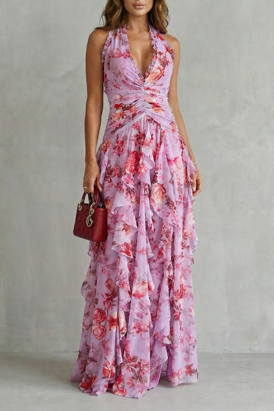 Belladina | Romántica Cascada de Rosas, Vestido Largo con Escote Americano