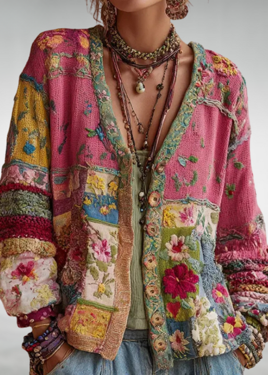 Opal | Cárdigan Patchwork de Punto Floral Bohemio