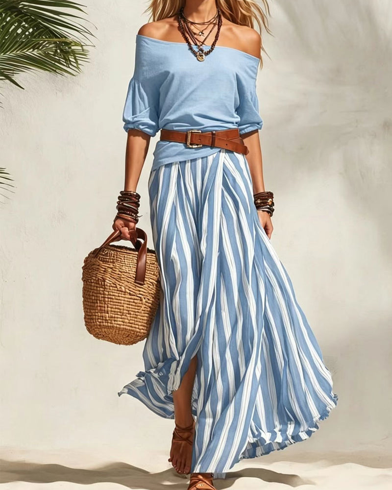 Madison | Conjunto con Falda Maxi de Rayas y Top de Hombros Descubiertos