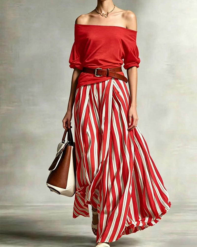 Madison | Conjunto con Falda Maxi de Rayas y Top de Hombros Descubiertos