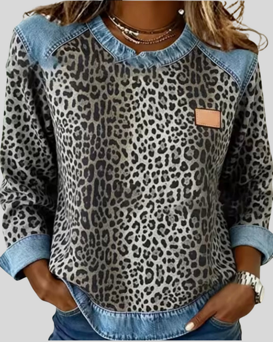 Emma | Jersey de Estampado Leopardo con Cuello Efecto Denim
