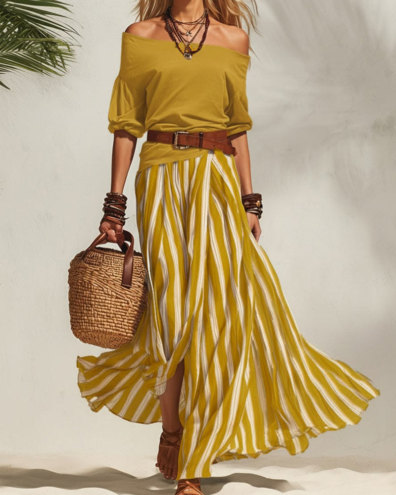 Madison | Conjunto con Falda Maxi de Rayas y Top de Hombros Descubiertos