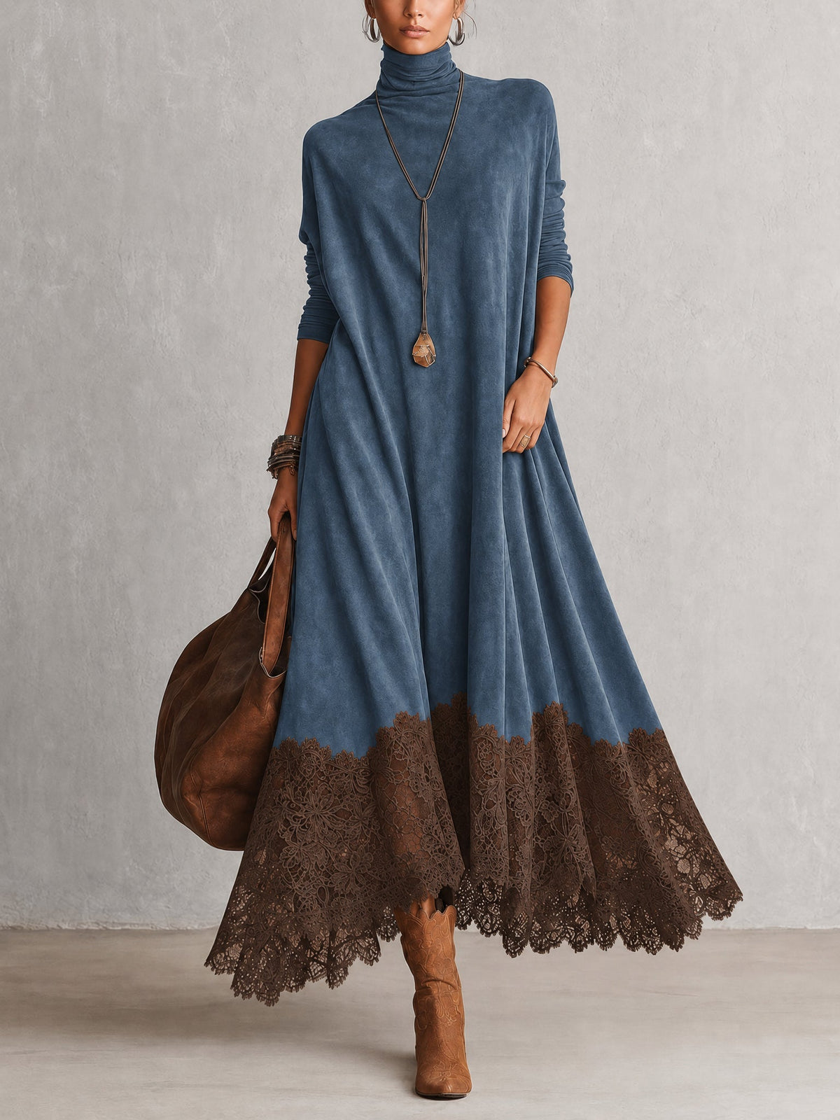 Milly | Vestido largo efecto ante con bajo de encaje