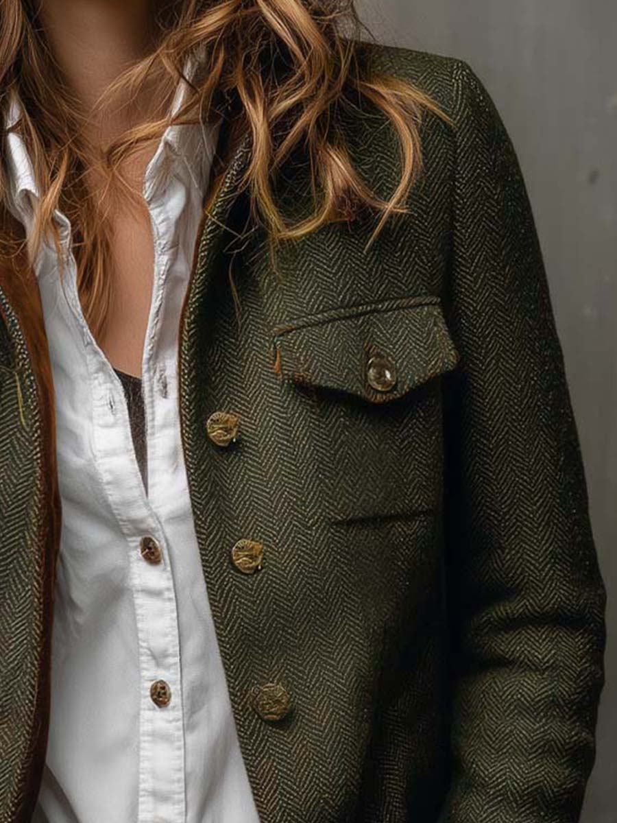 Honorine | Blazer Vintage de Espiga con Bordes en Contraste