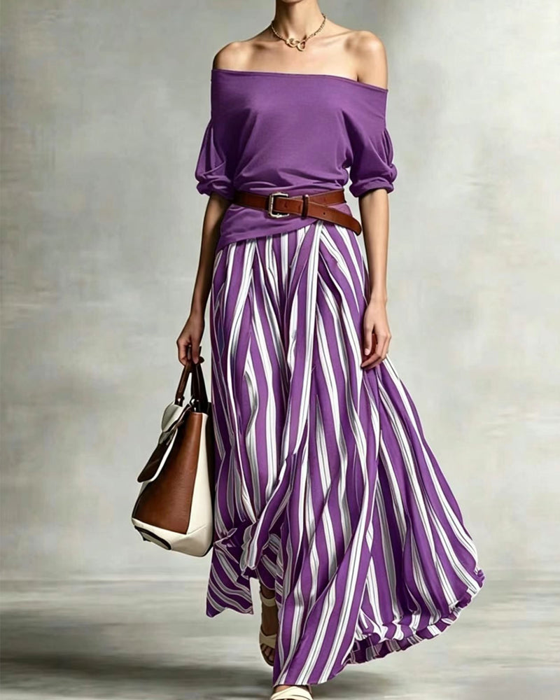 Madison | Conjunto con Falda Maxi de Rayas y Top de Hombros Descubiertos