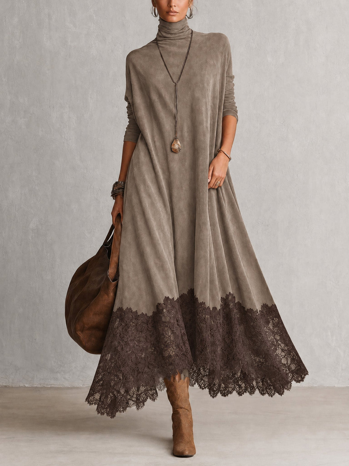Milly | Vestido largo efecto ante con bajo de encaje