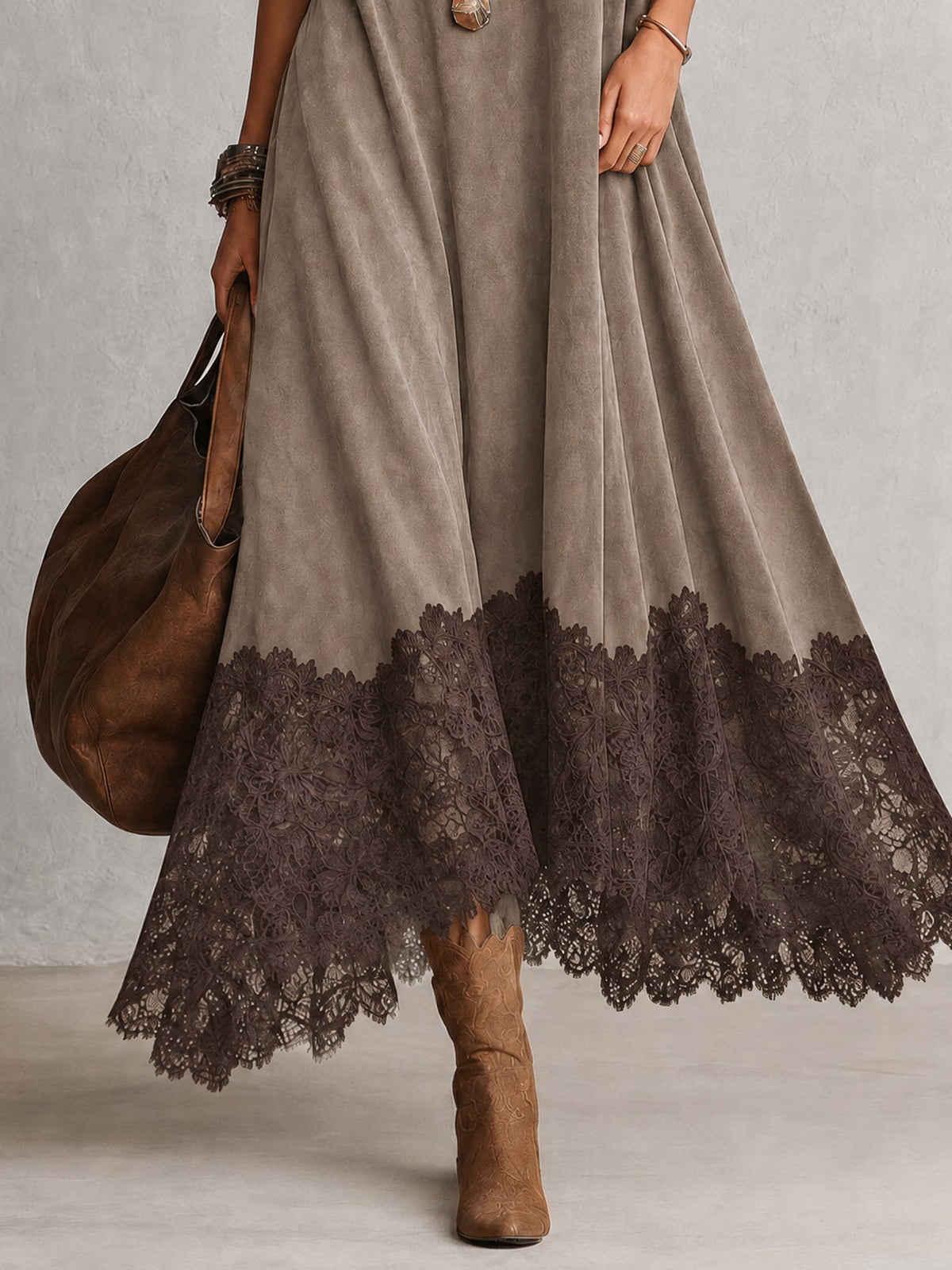 Milly | Vestido largo efecto ante con bajo de encaje