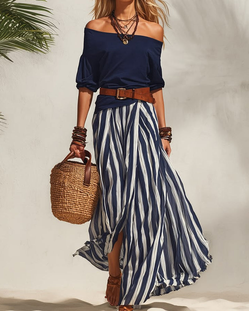 Madison | Conjunto con Falda Maxi de Rayas y Top de Hombros Descubiertos