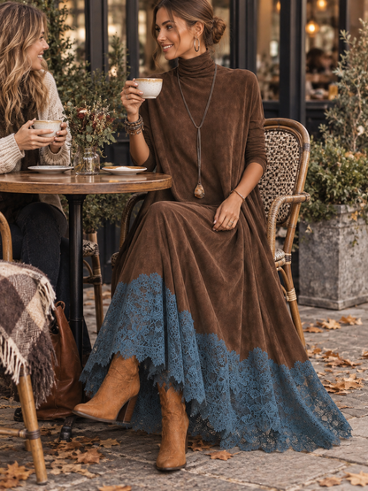 Milly | Vestido largo efecto ante con bajo de encaje