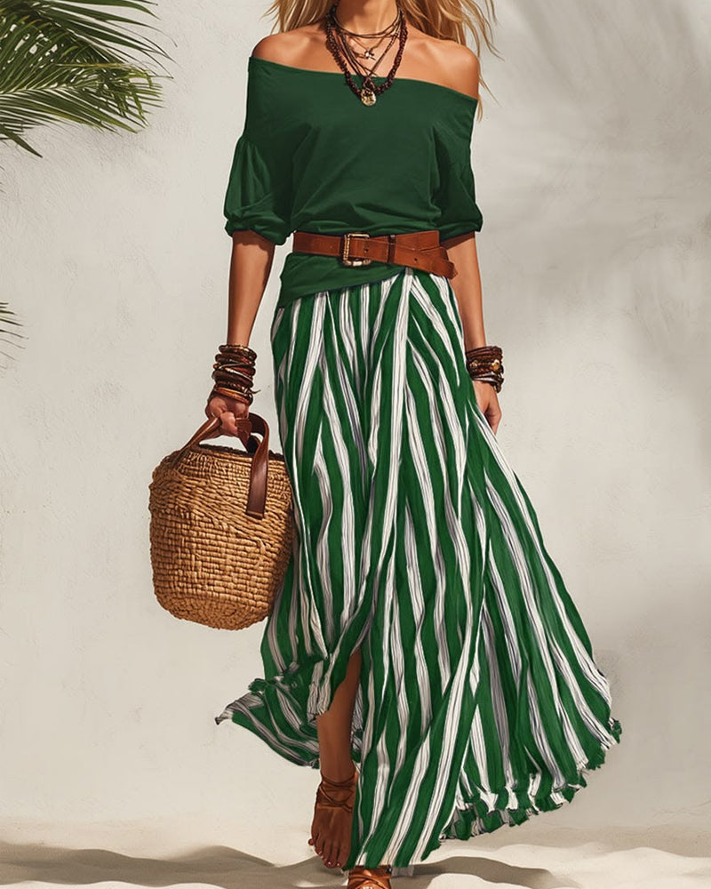 Madison | Conjunto con Falda Maxi de Rayas y Top de Hombros Descubiertos