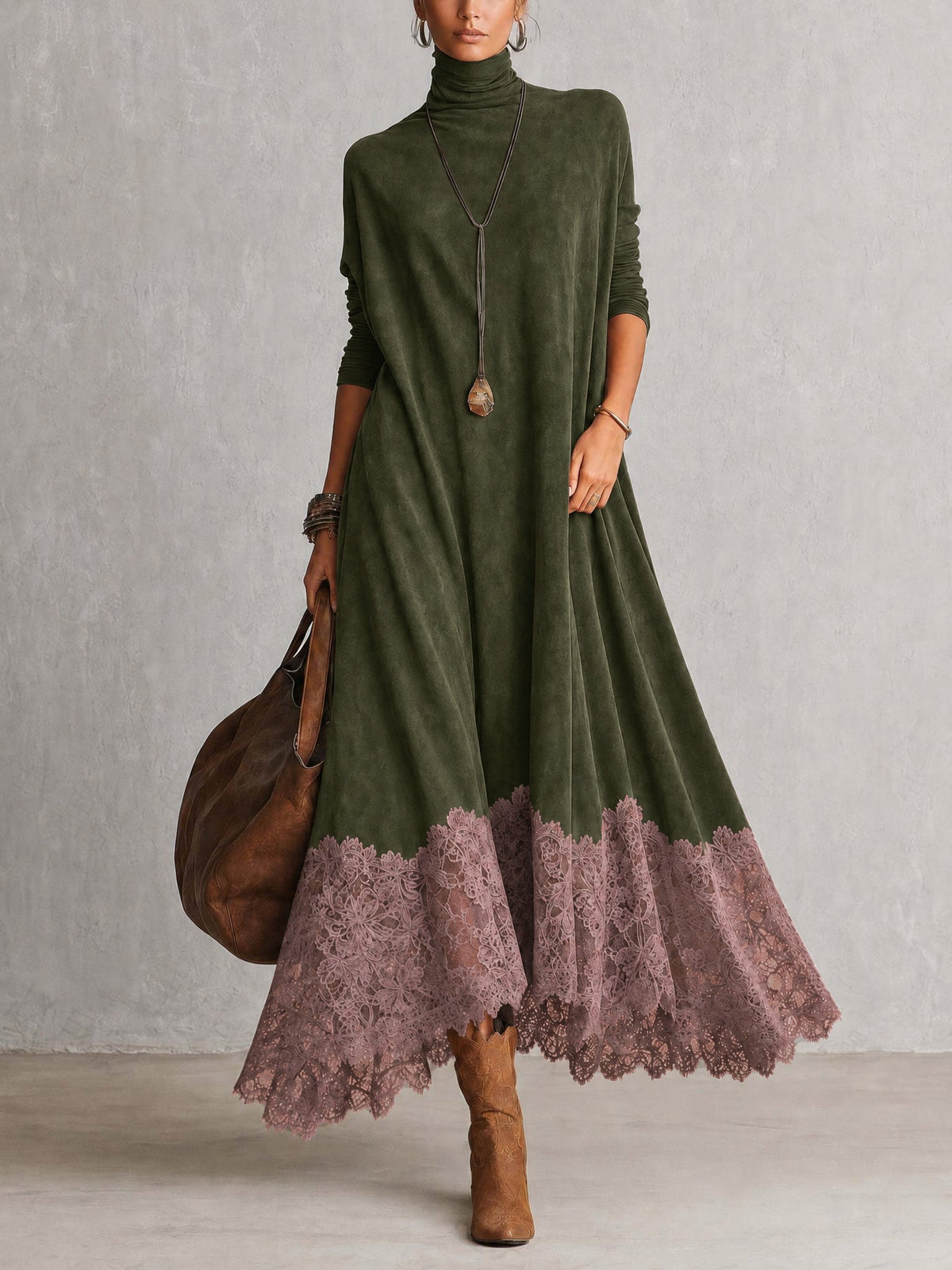 Milly | Vestido largo efecto ante con bajo de encaje