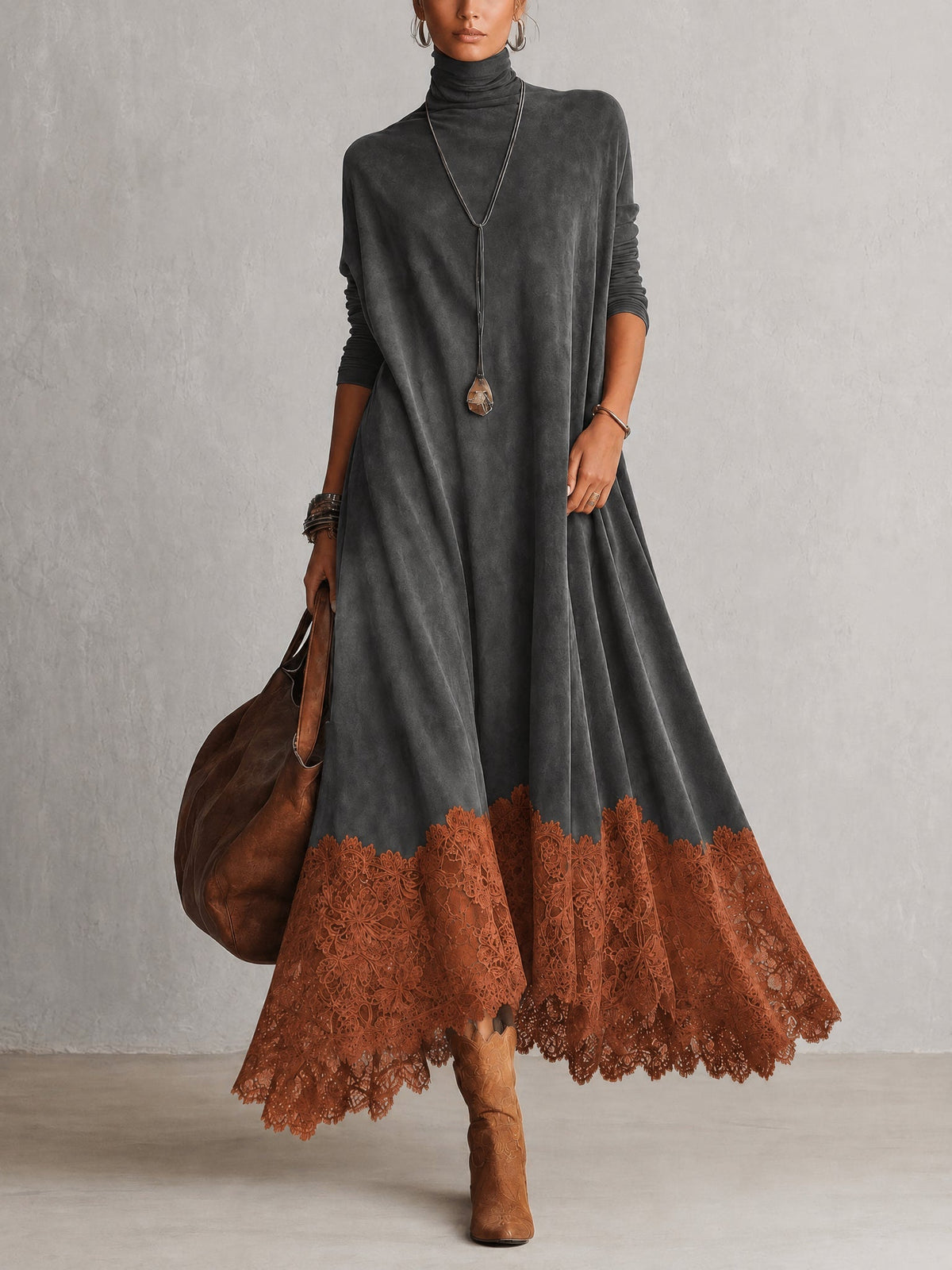 Milly | Vestido largo efecto ante con bajo de encaje