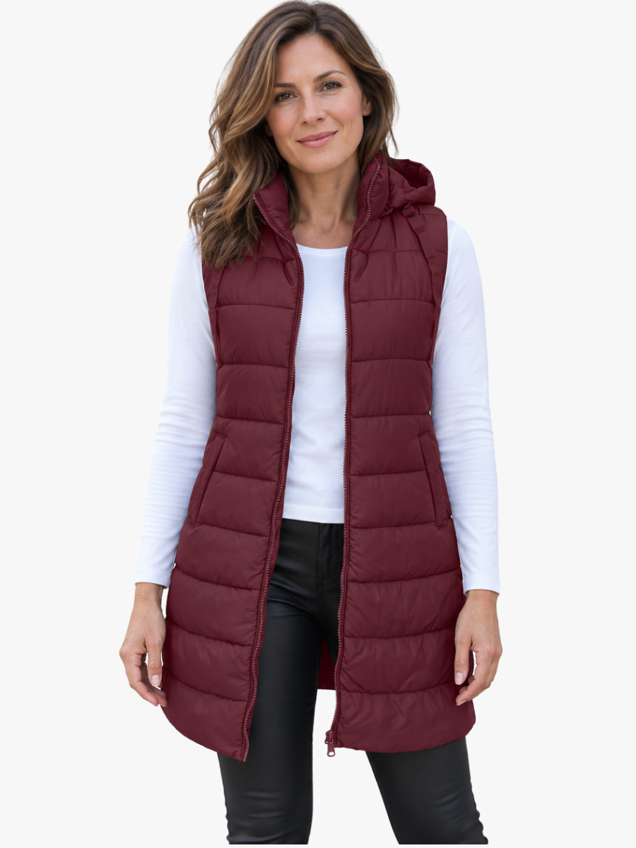 CHALECO LARGO ACOLCHADO CON CAPUCHA PARA MUJER