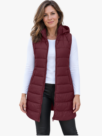 CHALECO LARGO ACOLCHADO CON CAPUCHA PARA MUJER
