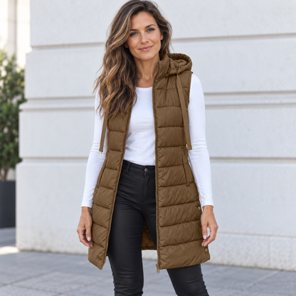 CHALECO LARGO ACOLCHADO CON CAPUCHA PARA MUJER