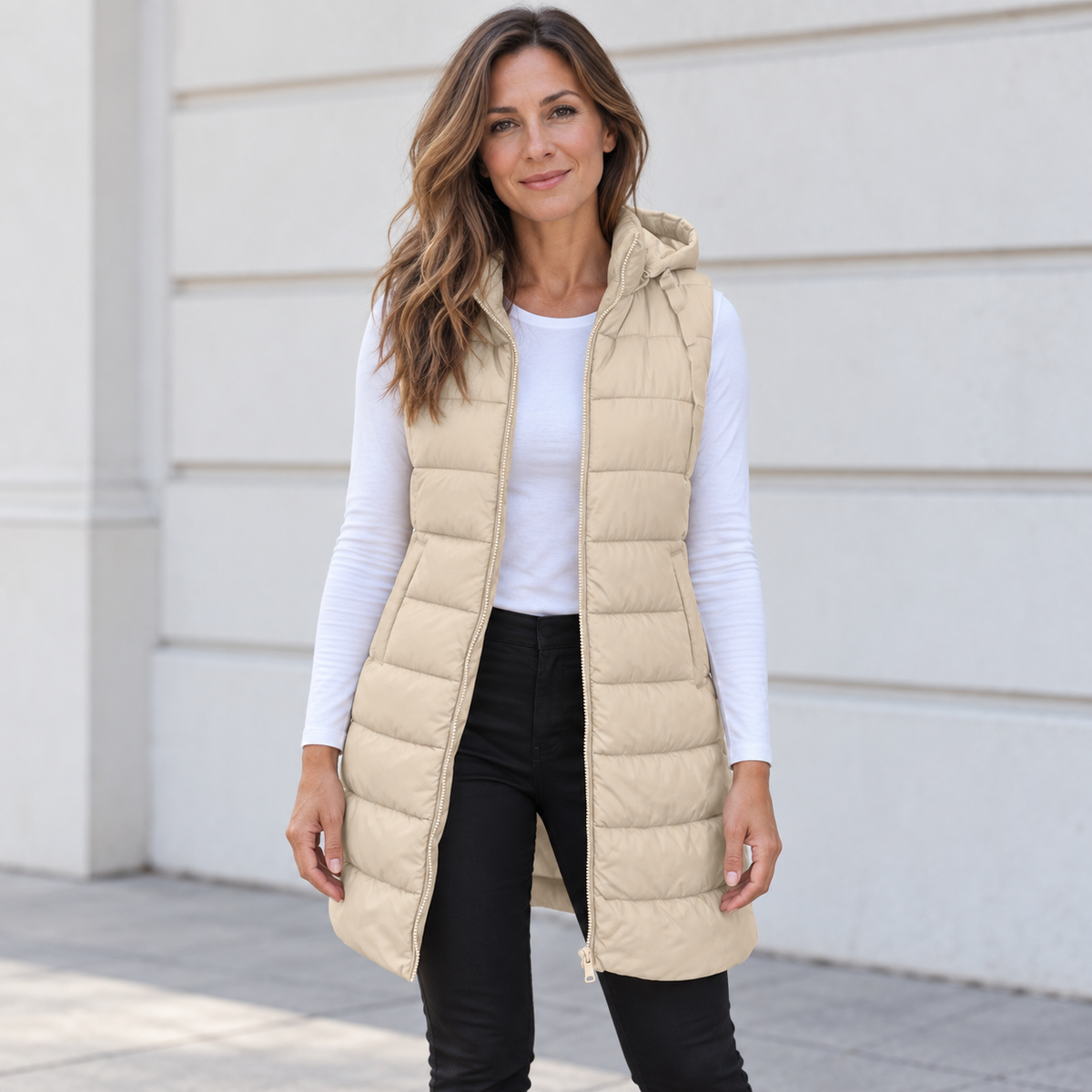 CHALECO LARGO ACOLCHADO CON CAPUCHA PARA MUJER