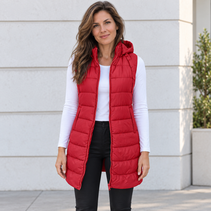 CHALECO LARGO ACOLCHADO CON CAPUCHA PARA MUJER