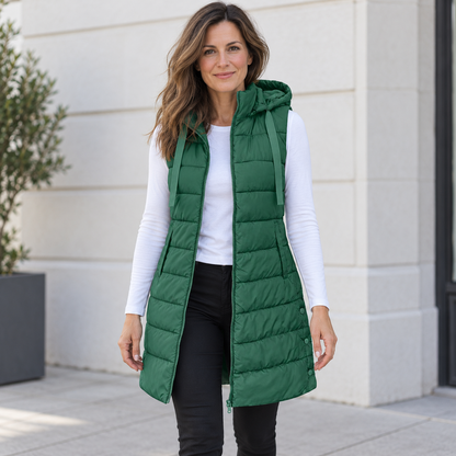 CHALECO LARGO ACOLCHADO CON CAPUCHA PARA MUJER
