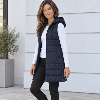 CHALECO LARGO ACOLCHADO CON CAPUCHA PARA MUJER