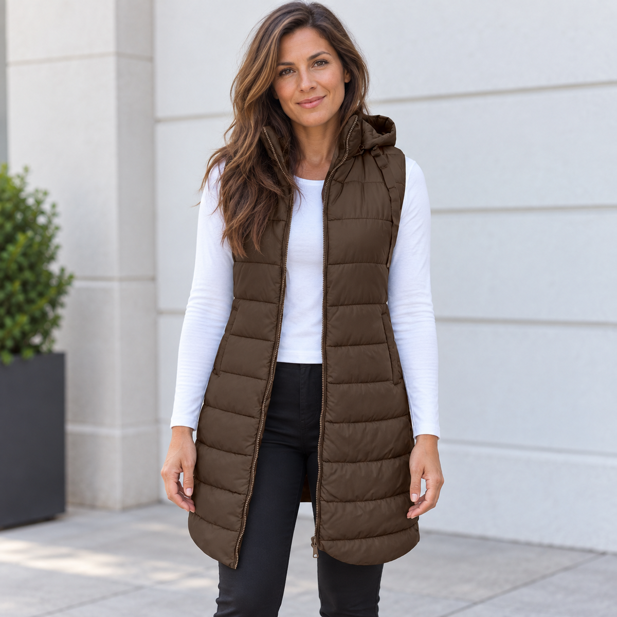 CHALECO LARGO ACOLCHADO CON CAPUCHA PARA MUJER