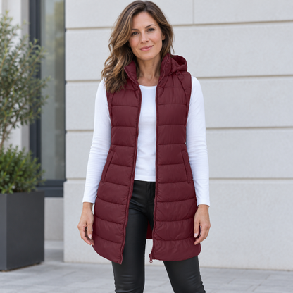 CHALECO LARGO ACOLCHADO CON CAPUCHA PARA MUJER