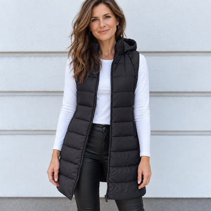 CHALECO LARGO ACOLCHADO CON CAPUCHA PARA MUJER
