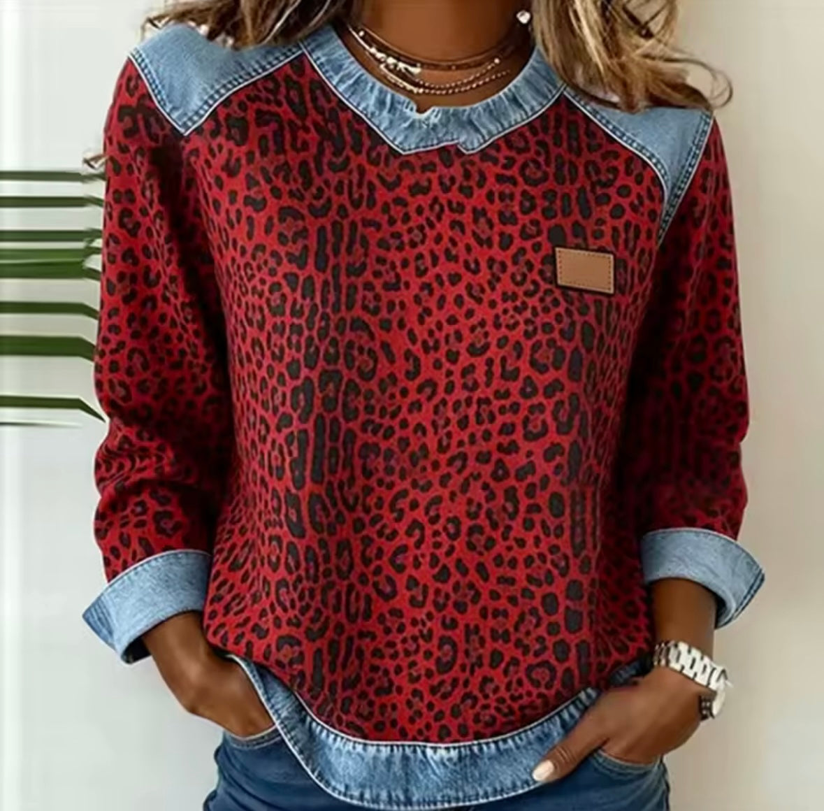 Emma | Jersey de Estampado Leopardo con Cuello Efecto Denim