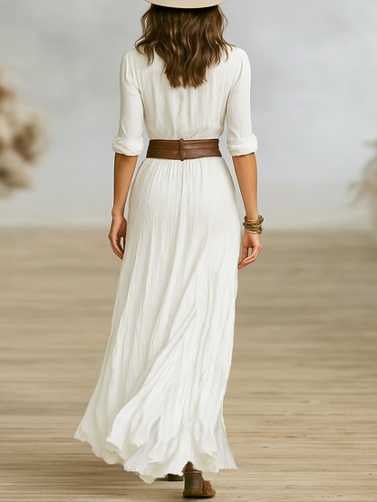 Aurore | Vestido Largo de Lino con Cuello Vuelto