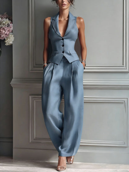 Conjunto de Dos Piezas de Mujer con Escote en V y Botones