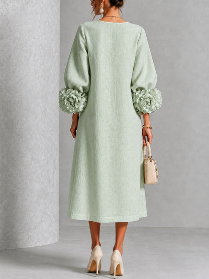 Vestido Midi Salvia Místico con Botones de Flor y Mangas Florales Extravagantes