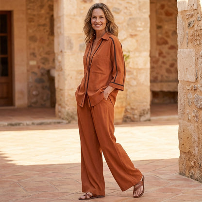 Corinne | Conjunto Camisa y Pantalón con Ribete Contraste