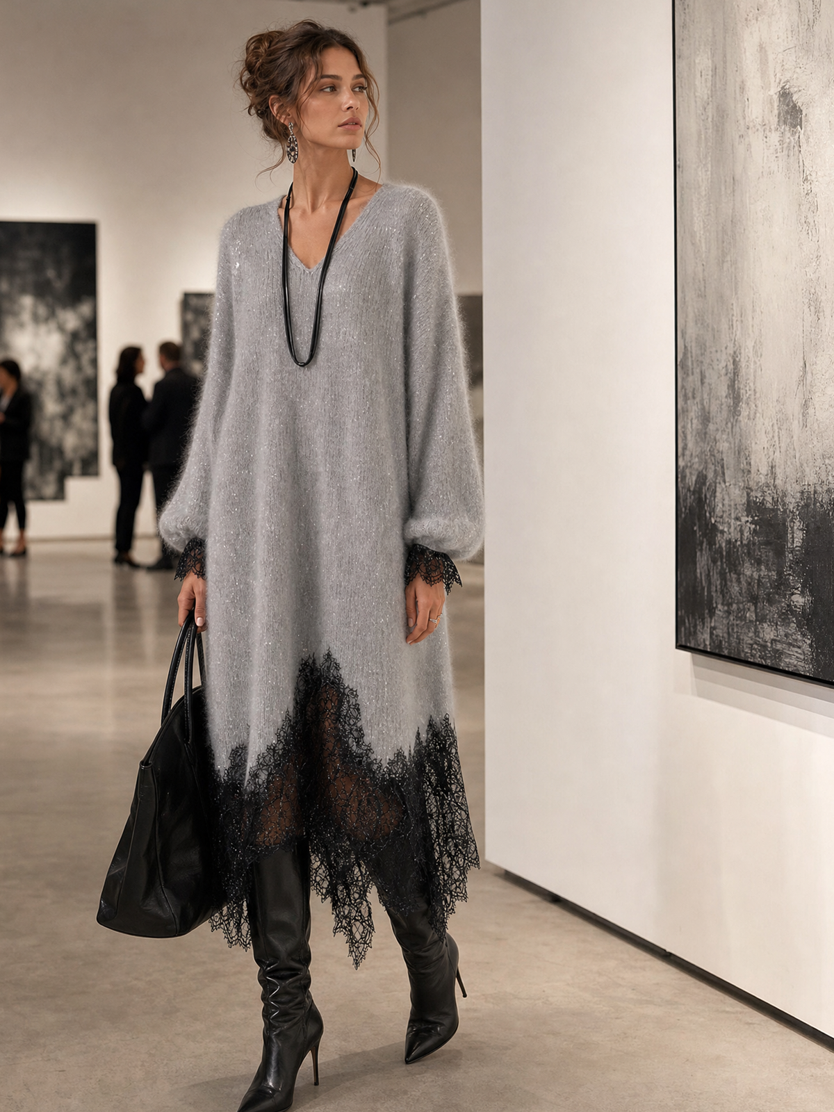 Sedona | Vestido Midi de Punto Gris Brillante con Bajo de Encaje