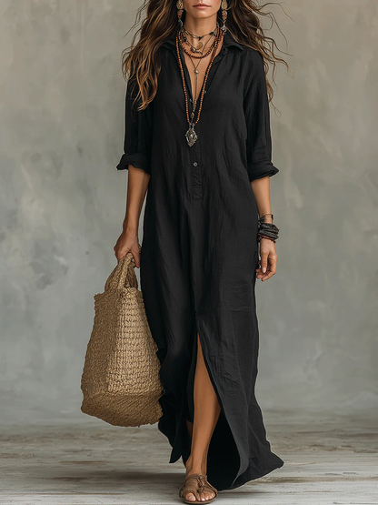 Verónica™ | Vestido Maxi Negro Largo con Botones