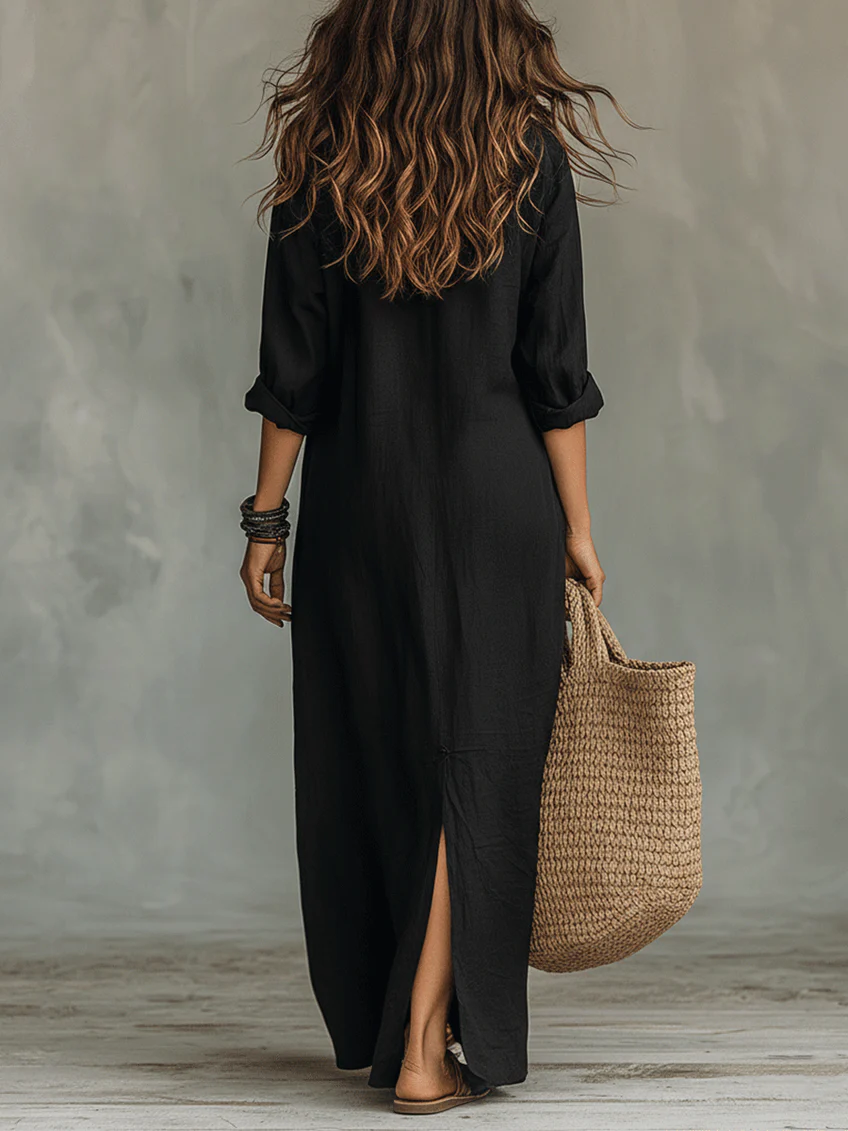 Verónica™ | Vestido Maxi Negro Largo con Botones