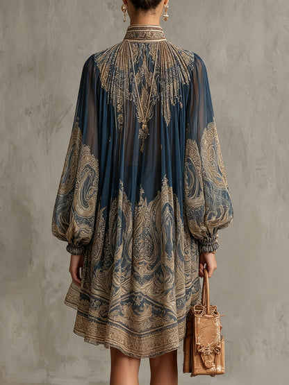 Marianna | Mini vestido de gasa azul marino con estampado barroco dorado