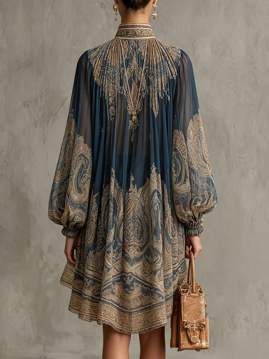Marianna | Mini vestido de gasa azul marino con estampado barroco dorado