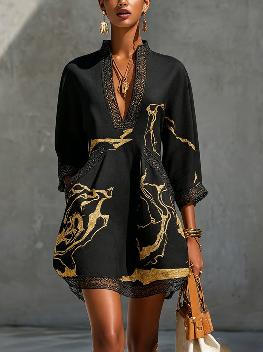 Donatella | Mini vestido negro con estampado mármol dorado y encaje de ganchillo