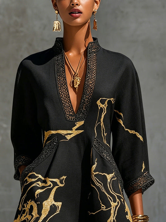 Donatella | Mini vestido negro con estampado mármol dorado y encaje de ganchillo