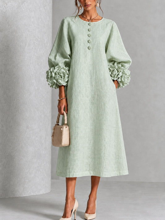 Vestido Midi Salvia Místico con Botones de Flor y Mangas Florales Extravagantes