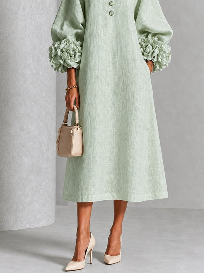 Vestido Midi Salvia Místico con Botones de Flor y Mangas Florales Extravagantes