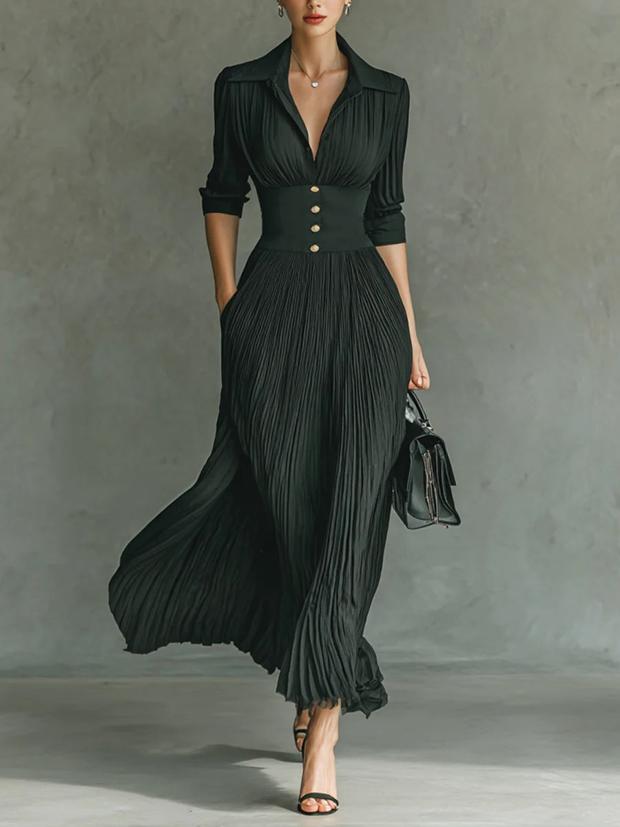 Elvire | Vestido Largo Plisado con Solapas y Talle Alto