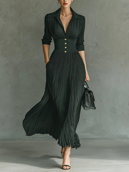 Elvire | Vestido Largo Plisado con Solapas y Talle Alto