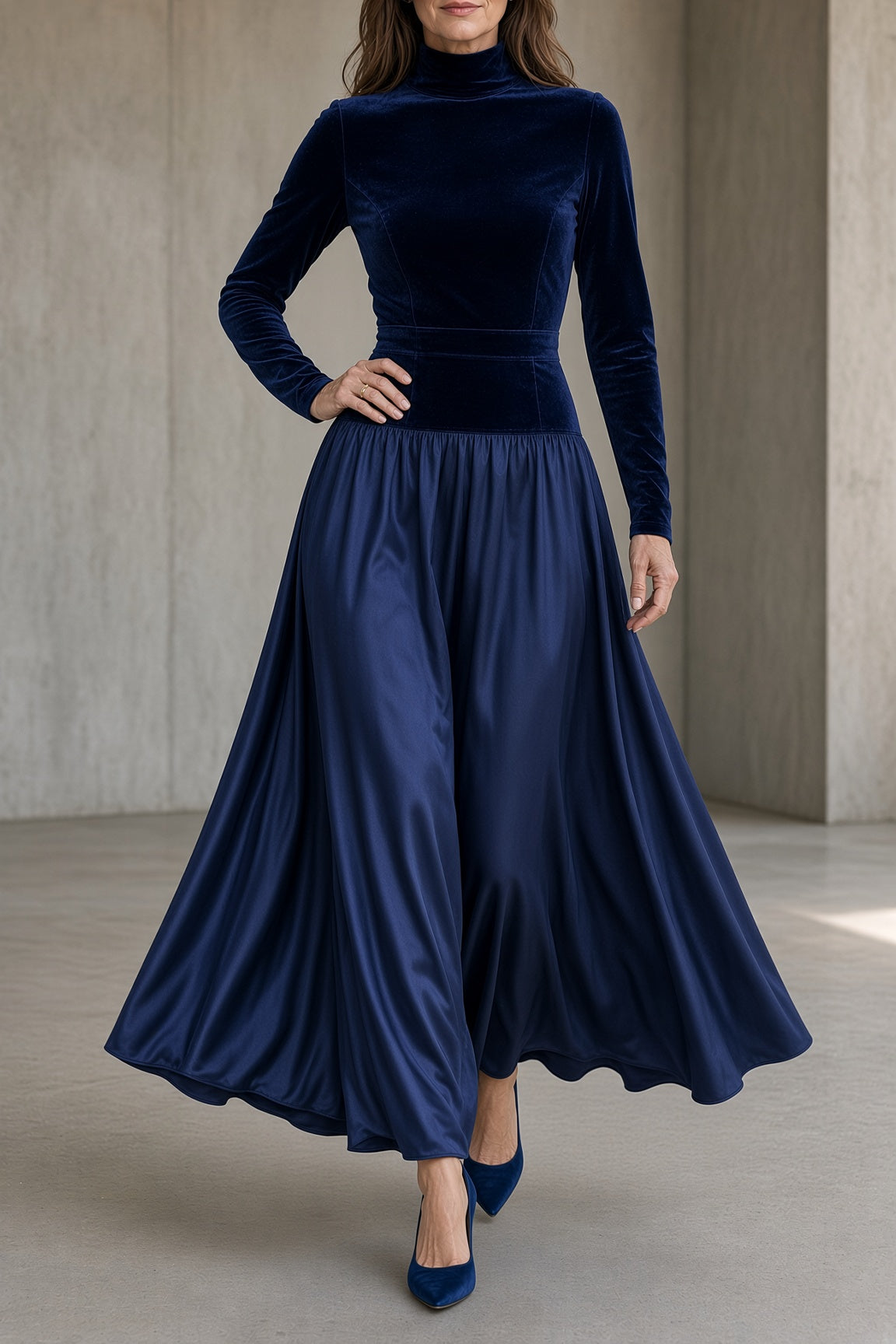 Vivien | Vestido de terciopelo de cuello alto con falda larga fluida