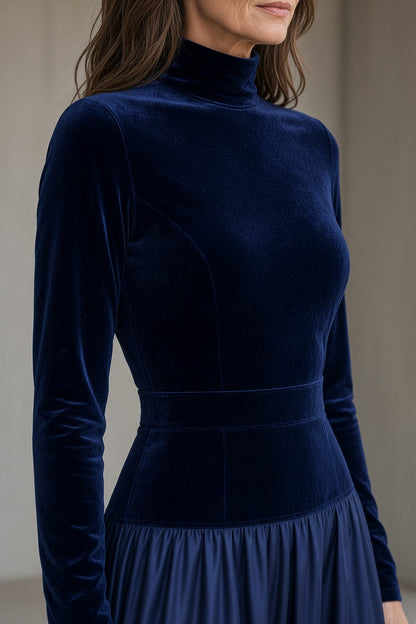 Vivien | Vestido de terciopelo de cuello alto con falda larga fluida